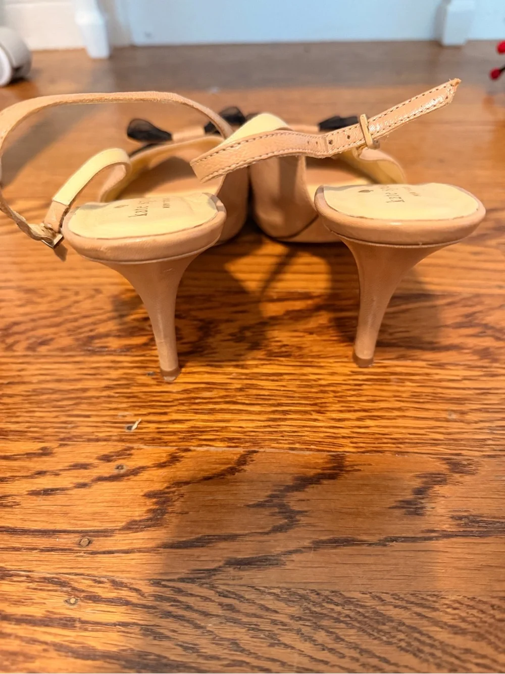 kate spade Nude Peep-Toe Slingback Heels with Black Bow
